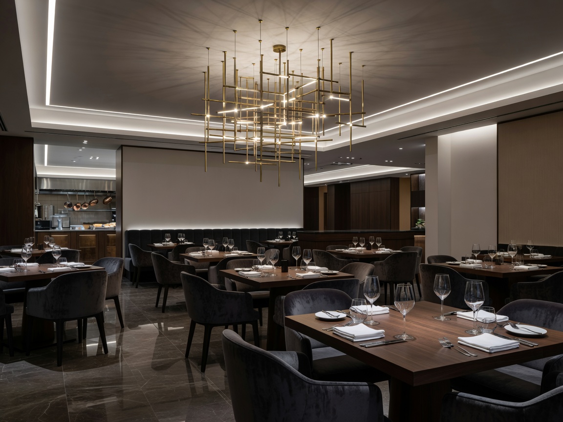 Elegant restaurant interior with modern lighting and seating