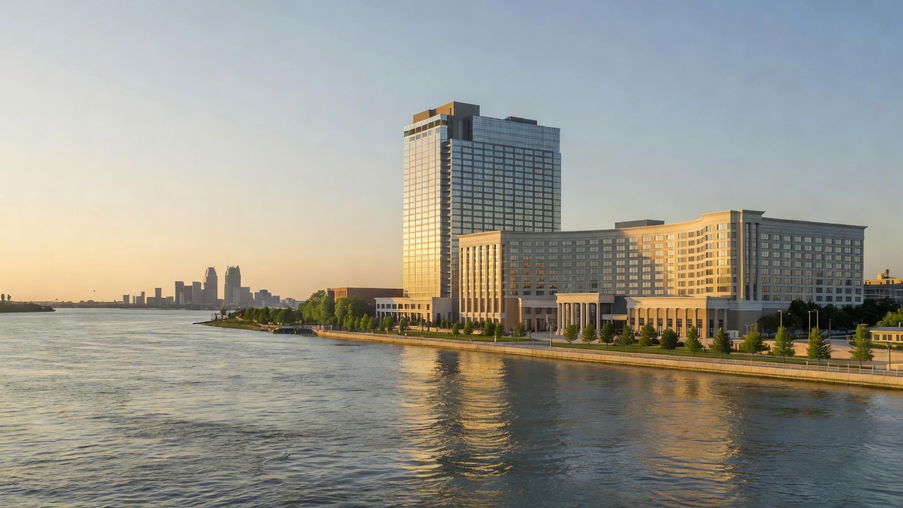 Riverfront hotel view capturing the Caesars Windsor setting